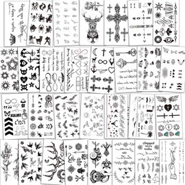 Qpout 300+ Temporary Tattoos for Women, Girls, Men, Boys, Children, Black, Waterproof Elk, Flower, Keys, Sword, Crown, Diamond, Wings, Lion Tattoos for Birthday Party Bags, 30 Sheets
