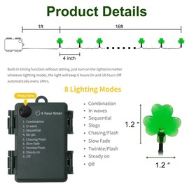 LJLNION St. Patricks Day String Lights Outdoor, 50 LED 16 FT Shamrocks Decorative Green Leaf Lights Battery Operated, 8 Lighting Modes & Timer, Waterproof for Home Garden Party Decoration, 2 Pack