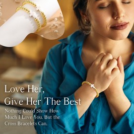 Teen Girl Easter Basket Stuffers Gold Beaded Bracelets Easter Gifts for Women Teen Girls Religious Christian Easter Gifts Cross Bracelet Jewelry for Daughter Sister