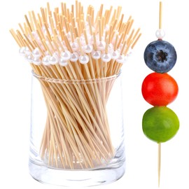 200 Pack Cocktail Picks 4.7 Inch, Bamboo Toothpicks for Appetizers, Fruit, Charcuterie, Drinks, Fancy Wooden Mini Food Skewers Party Favor, White Ball Decorative