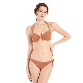 EONAR Bikini Sets Women’s Side Tied, Swimwear, Removable Push-up Pads, Bikini Top with Halterneck, khaki, xl
