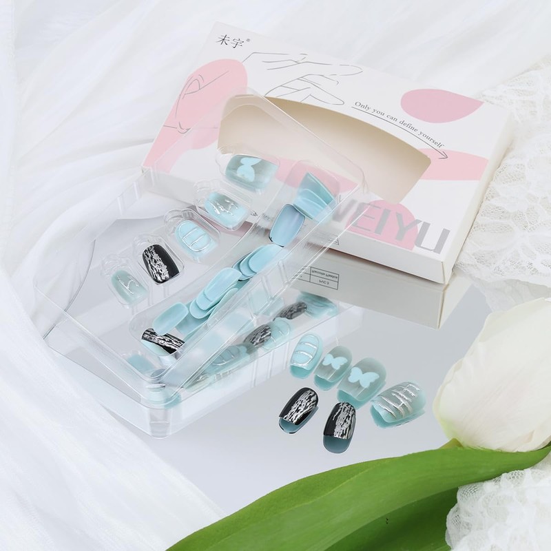 30Pcs Blue Butterfly Press on Nails Short Square Fake Nails