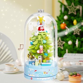 MEIEST Christmas Tree Building Blocks Music Box Set with Dust-Proof Dome,Xmas Holiday Construction Toy Gift,Home Decor (Snow Christmas Tree)