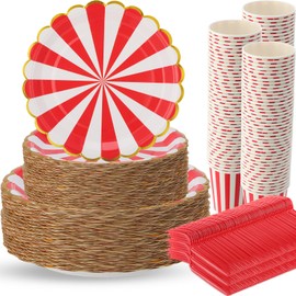 Yungyan 400 Pcs Carnival Theme Party Decorations, Circus Plates Set, Red Stripe Paper Disposable Plates and Cups for Carnival Party Birthday Picnic Circus Decorations Supplies Favors Holiday
