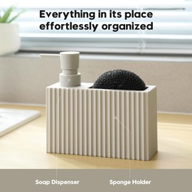 YAUKPH 2-in-1 10oz Soap Dispenser with Sponge Holder,Beige Plastic Refillable Hand & Dish Soap Pump for Kitchen and Bathroom Sink Countertop