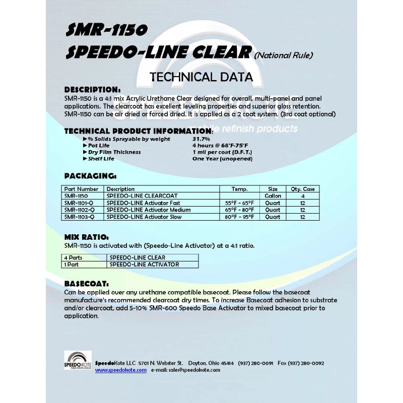 Speedokote Clear Coat 2K Acrylic Urethane, SMR-1150/1103-
