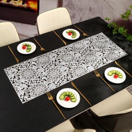 Hosoncovy Decorative Flower Dining Table Runner PVC Hollow Table Runner Non-slip Table Mats Placemat for Home Party Kitchen Dining Wedding Decor (Silver)