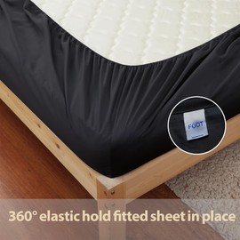 100% Pure Cotton Queen Fitted Sheet Only, 15" Deep Pocket Solid Black Fitted Sheet 600 Thread Count Bottom Sheet for Home & Hotel (Solid Black, Queen)