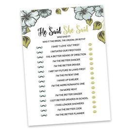 Inkdotpot Floral 50-Pack He Said She Said Cards For Couples Funny Rehearsal Dinner Who said it Question Bridal Shower Engagement Party Game Ideas