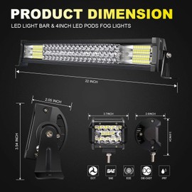 TURBO SII 22 Inch LED Light Bar Triple Row 306W 30600Lumens Spot Flood Combo Beam Led Bar 2Pcs 4 Inch 60W Led Pod Lights W/Wiring Harness-3 Leads for Trucks ATV UTV SUV Boats
