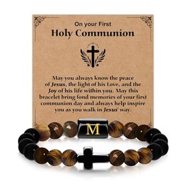 Casxyue First Holy Communion Gift For Boys Cross Bracelets With Initial For Son Grandson Confirmation Christian Gifts (M)