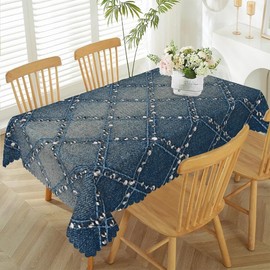 TTQYFNM 54x86inches Diamond Denim Tablecloth Slant Lattice Square Vintage Jean Inlaid Rhinestone Pattern Table Cloth Waterproof Fabric Table Cover for Kitchen Dining Birthday Banquet Party Decoration