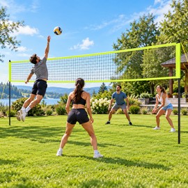 Adjustable Outdoor Volleyball Net System with Steel Poles, Ball, Pump, Boundary Line and Carry Bag