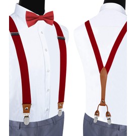 GUSLESON Suspenders & Bowtie Set Men's Elastic Band Suspenders + Bowtie + Shirts Holder for Wedding, Formal Events, Red, general