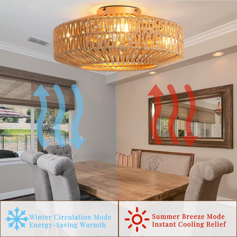 Bewishing 20'' Boho Gold-Colored Rattan Fandelier with Light & Remote