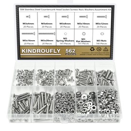 Kindroufly 562 Pieces M3 x 4/6 /8/10 /12/16 /20mm Phillips Countersunk Head Machine Screws Nuts Washers Assortment Kit, 304 Stainless Steel, Fully Machine Thread