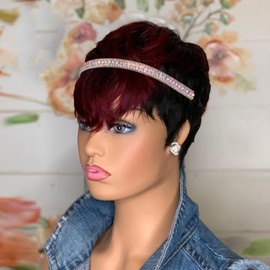 SAEIALL Short Pixie Cut Wig Human Hair for Black Women Colored Haircut Wigs None Lace Frontal Wigs Glueless Easy to Wear Put On and Go Wig (Black with Burgundy)