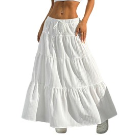 Verdusa Women's Boho Skirt Flowy Flared Ruffle Summer Long Maxi Skirts Going Out Outfits White X-Small