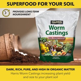 Harris Worm Castings Organic Fertilizer - Soil Superfood for Houseplants, Flowers, and Vegetables, 4qt, 5lb Bag