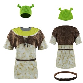 AYYOHON Ogre Costume Shirt Vest Cartoon Film Cosplay Costume Sublimation Shirt Knitted Hat for Adults with Ears XL