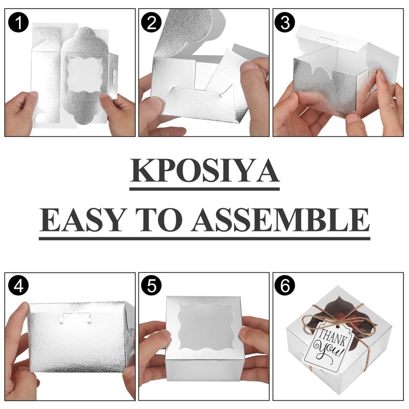 KPOSIYA 60 Pcs Silver Bakery Boxes with Window Individual Cupcake