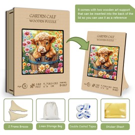 Highland Cow Wooden Puzzles for Adults 180 Pieces, Cute Cow Animal Flower Puzzles, Colorful Floral Garden Wooden Jigsaw Puzzles, Nature Plant Scenery for Adults