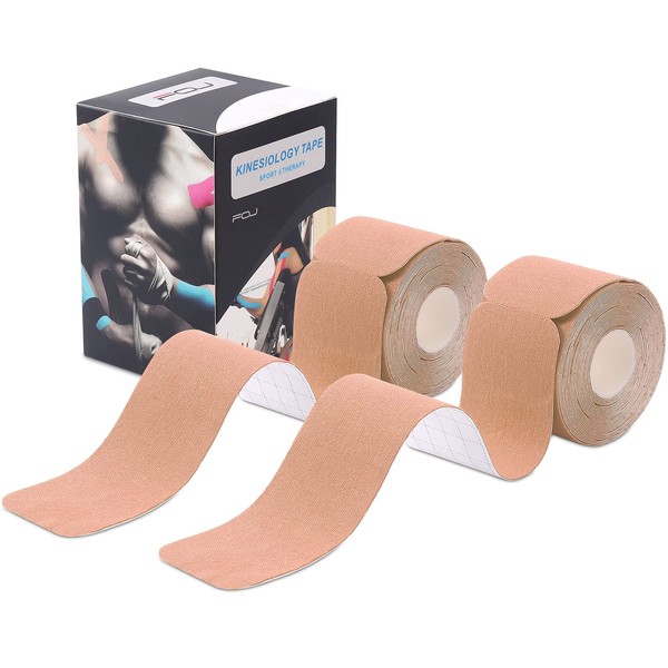 Kinesiology Tape Precut(2 Pack) Kinetic Tape Rolls Athletic Tape Elastic Therapeutic Sport Tape for Knees, Ankles, Shoulder, Elbow, Pain Relief and Injury Recovery 2 Inch x 16.4 ft (Beige)