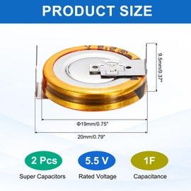 sourcing map Super Capacitor, 5.5V 1F H-Type Button Capacitor, High Energy Low Resistance High Consistency for Electronics Toys AC Motor Smart Display Screen (Golden, Pack of 2)