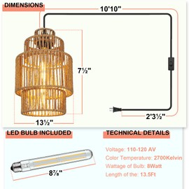 tebio Plug in Pendant Light,Rattan Hanging Lights with Plug in Cord 13FT Hemp Rope Cord, On/Off Switch Chandelier for Boho Living Room Bedroom Kitchen（Bulb Included）