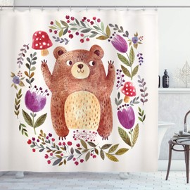 Ambesonne Flor de la Acuarela Cortina de Baño, Cub de Oso de la Guirnalda, Paño Conjunto de Decoración de Baño de Tela y Ganchos, 84" Extra Alta, Verde Púrpura
