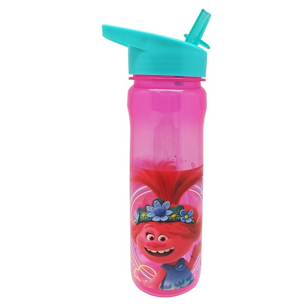 Trolls 600ml Reusable Water Bottle Poppy Pink by Polar Gear, BPA Free, World Tour children’s neon rainbow design for school, nursery and sports 23cm high, polypropylene