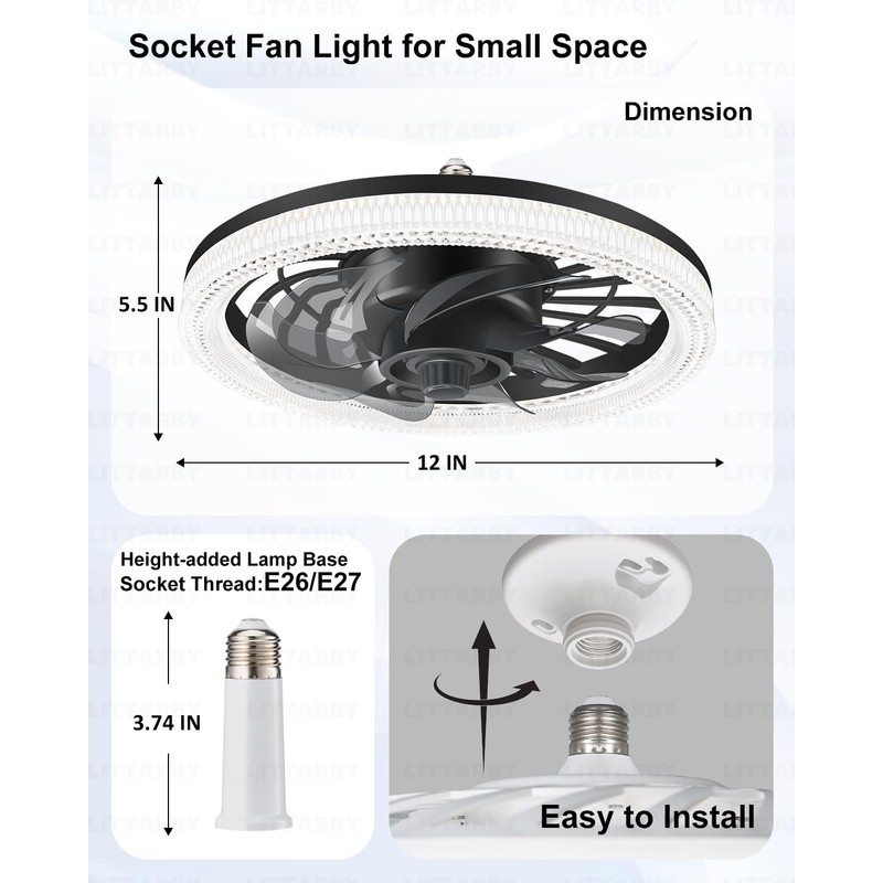 Ceiling Fans with Lights, Socket Fan Light with Remote Control,