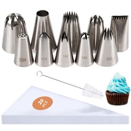 TAKUZA Large Icing Nozzles, Set of 31 Piping Nozzles, Professional Piping Nozzles, with 10 304 Stainless Steel Piping Nozzles, 20 Disposable Piping Bags, 1 Cleaning Brush, for Decorating Cakes