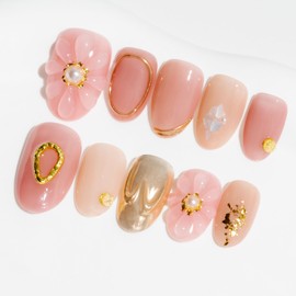 Sun&Beam Nails Handmade Nail Tip, Medium, Long, Oval, Round, Short, Pink, Gold, Glitter, Popular, 3D, Fashionable, Cute, Heart Design, False Nails, Set of 10 (#77 L)