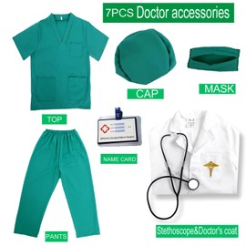 VNNOPG Kids Doctor Costume Doctors Nurse Outfit Set Child Role Play Costumes Fancy Dress Up Playsets with Lab Coat，Stethoscope，Mask and Scrubs Costume(120)