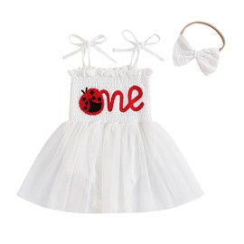 BULINGNA Summer Baby Girl First Birthday Outfit Ladybug Letter One Embroidery Tutu Romper Dress Headband for 1 Year Old Girl (White, 6-12 Months)