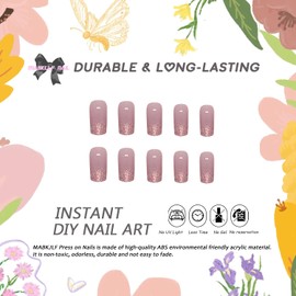Press on Nails Medium Square MABKJLF French Tip Fake Nails Pink Full Cover Glitter Nail Tip False Nails with Designs Glossy Glue on Nails Acrylic Nails Manicure Artificial Nails for Women Girls 24Pcs