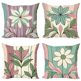 Ambesonne Floral Throw Pillow Cushion Cover Set of 4, Vintage Themed Pastel Concept Bold Flowers and Leaves Garden Blossom, Decorative Accent Double-Sided Printing, 24", Blush Pale Seafoam Green