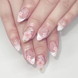 Medium Press on Nails Almond French Tip Nails Press ons Nude Full Cover Acrylic Stick on Nails for Women 24Pcs with Pink Flower Pearl Designs White Lines Glue on Nails Glossy Artificial False Nails