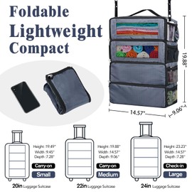 Suitcase Organizer, Carry-On Closet Luggage Organizer Accessories - Foldable, Hangable Portable Hanging Travel Shelves with Shoulder Strap - Medium, Gray