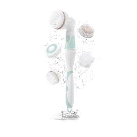 Brookstone Multi Face and Body Cleansing Brush Set | 4 Interchangeable Brush Heads | Rotating Technology for Deep Cleansing | Waterproof Design | White/Mint