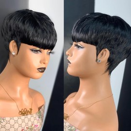 Flandi Pixie Cut Wig Human Hair Short Human Hair Wigs for Black Women Glueless Wigs Short Curly wigs With Bangs For Daily Use Color 1b