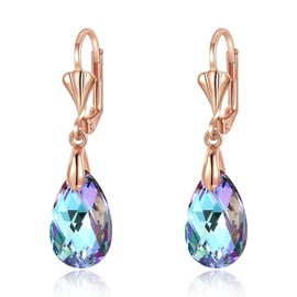 EleQueen Austrian Crystal Teardrop Leverback Dangle Earrings for Women Fashion Blue 14K Gold Plated Hypoallergenic Jewelry