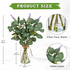 Briful Artificial Eucalyptus Stems in Glass Vase with Faux Water, 14" Fake Plant Eucalyptus with Lavender for Home Office Farmhouse Wedding Centerpiece Bathroom Décor