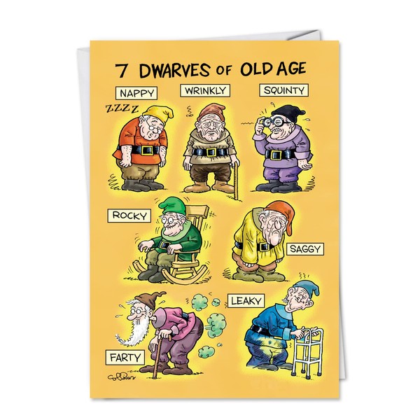 NobleWorks - 1 Awesome Birthday Greeting Card - Cartoon Art, Happy Funny Bday Note - Old-age Dwarves 4729