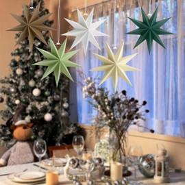 Yomisee Paper Stars Christmas Pack of 5, 30 cm Folding Star Christmas, 9 Points Paper Star for Hanging, Christmas Star Decoration for Window, Christmas Tree