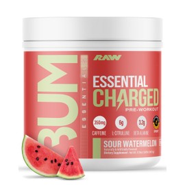 RAW Pre-Workout Powder, Essential CHARGED (Sour Watermelon) - Preworkout Supplement for Men & Women - Supports Focus, Mood & Performance - Caffeine, Alpha-GPC, L-Citrulline, Beta Alanine (25 Servings)