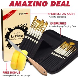 DUGATO Artist Paint Brush Set 15pcs Includes Pop-up Carrying Case with Painting Knife and 2 Sponges for Acrylic, Oil, Watercolor, Art, Scale Model, Face, Paint by Numbers