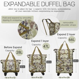 VOOWO Rolling Duffel Bag with Wheels, 28L-66L Foldable Expandable Duffle Bag with Wheels for Travel, Rolling Luggage Carry On Bag with Wheels, Rolling Backpack Weekend Bag for Men Women (Camouflage)