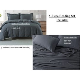 Royal Tradition Belgian Flax Linen-Cotton Blend 5PC Bed Set Includes: Sheets Set with a Duvet Cover Set, Pre-Washed Linen Cotton, Breathable Percale Weave 150 GSM (Twin XL Size, Charcoal)